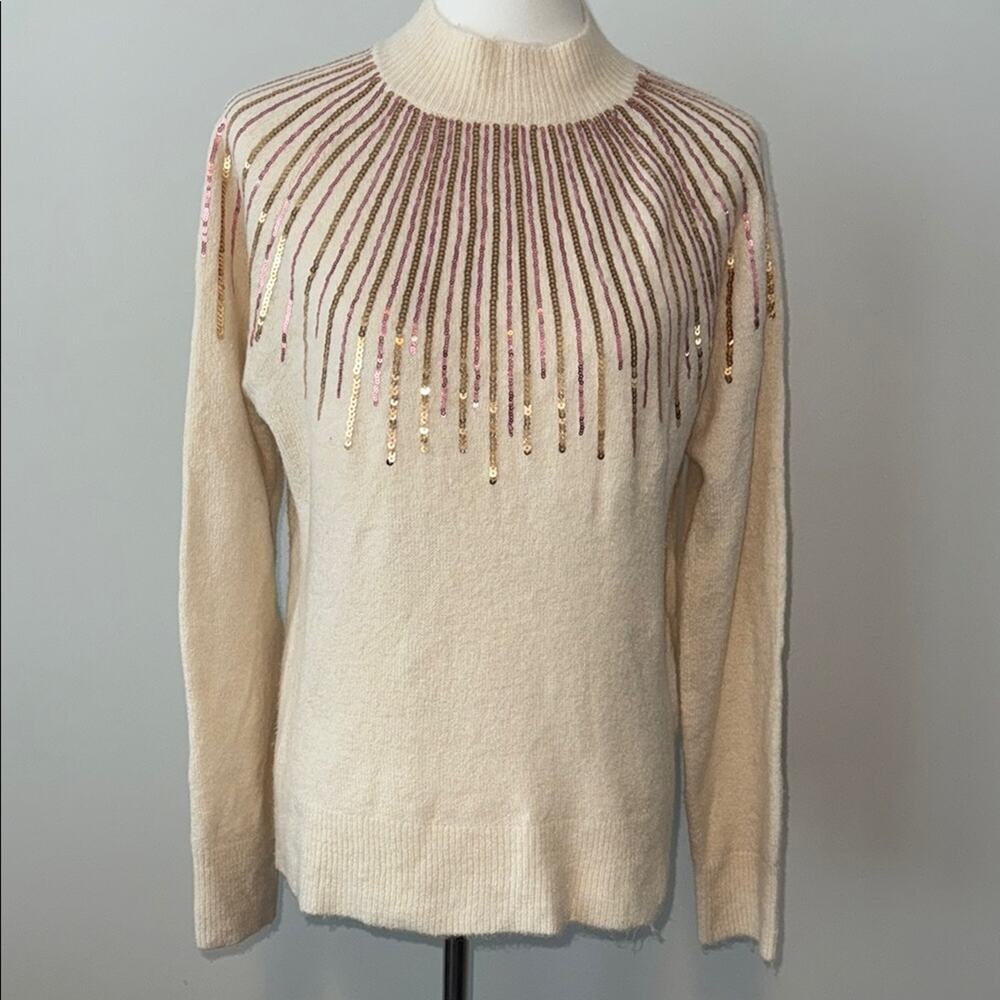 143 Story Chic Cream Sweater Gold Pink Sequin Design Women's Small